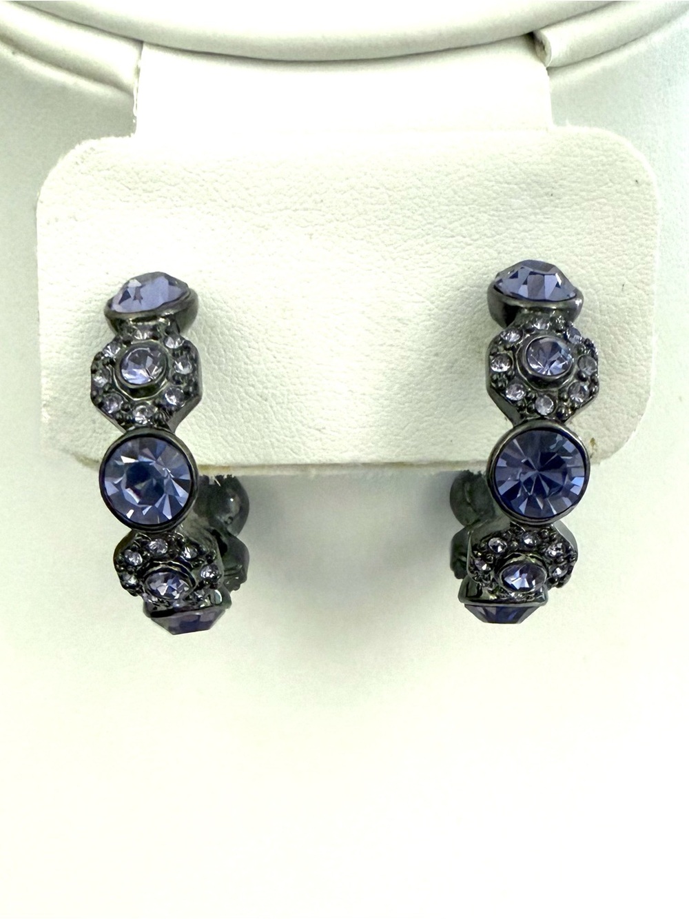 Signed Givenchy Crystal Hoop Earrings Gunmetal Purple Rhinestone Designer